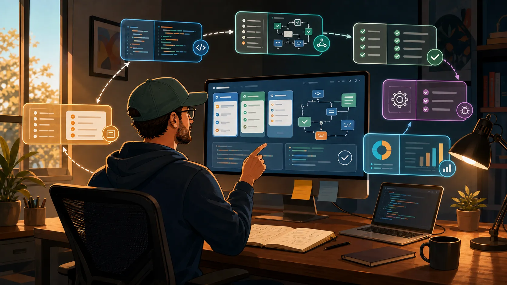 Illustration of a developer at a desk orchestrating multiple digital agent panels around a workflow loop