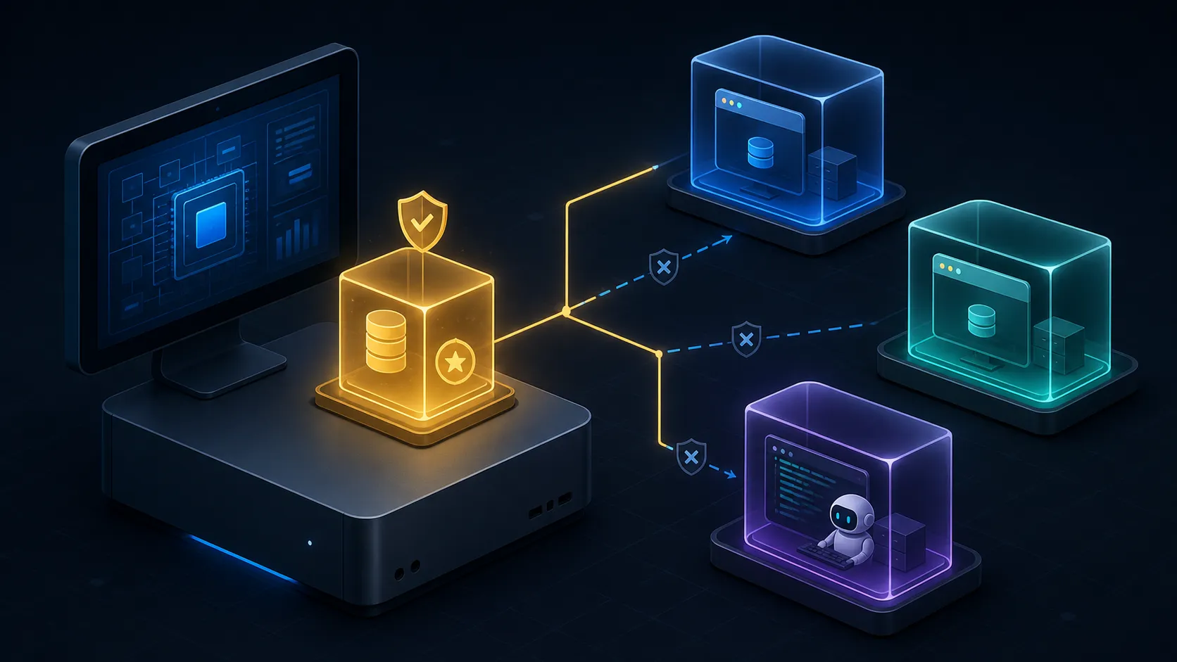 Illustration of a golden base virtual machine branching into three isolated client VMs, with an AI coding agent contained inside one clone