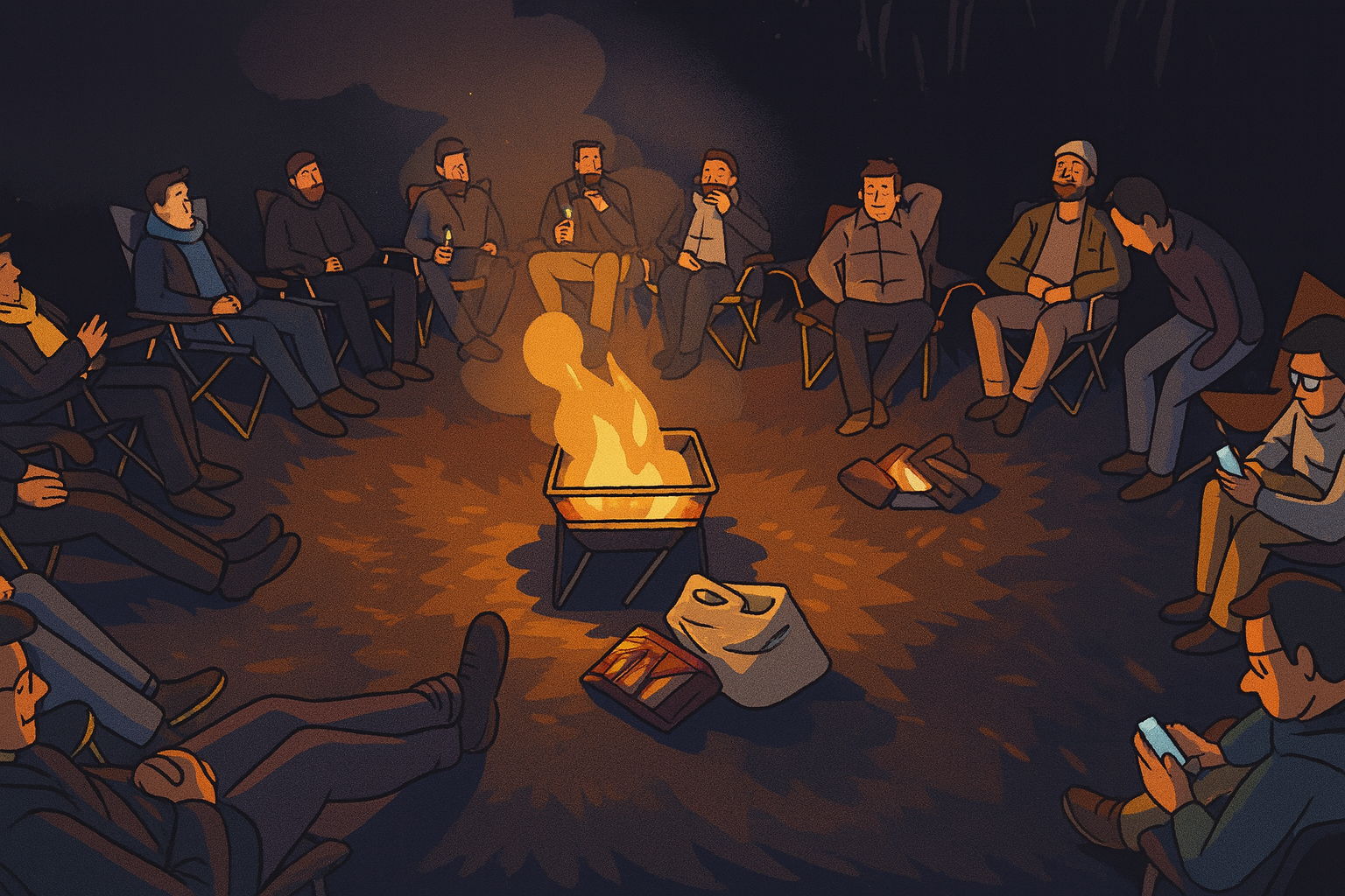 A group of people sitting in a circle around a campfire at night, with smoke rising and a warm glow lighting their faces, some chatting, others relaxing in camping chairs