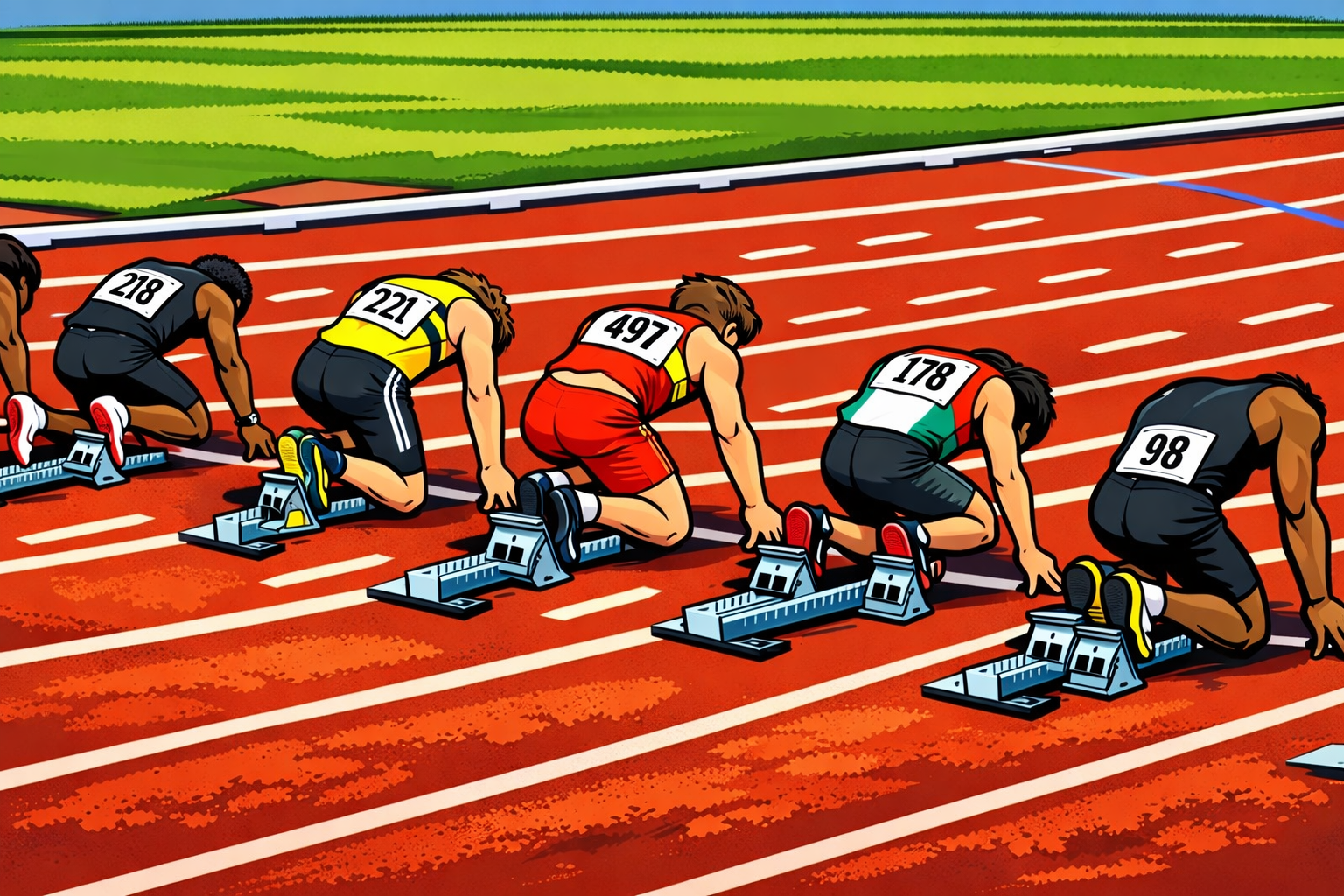 Comic-style illustration of runners launching from starting blocks